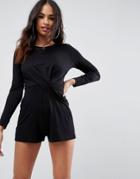 Asos Jersey Romper With Knot Front Detail - Black