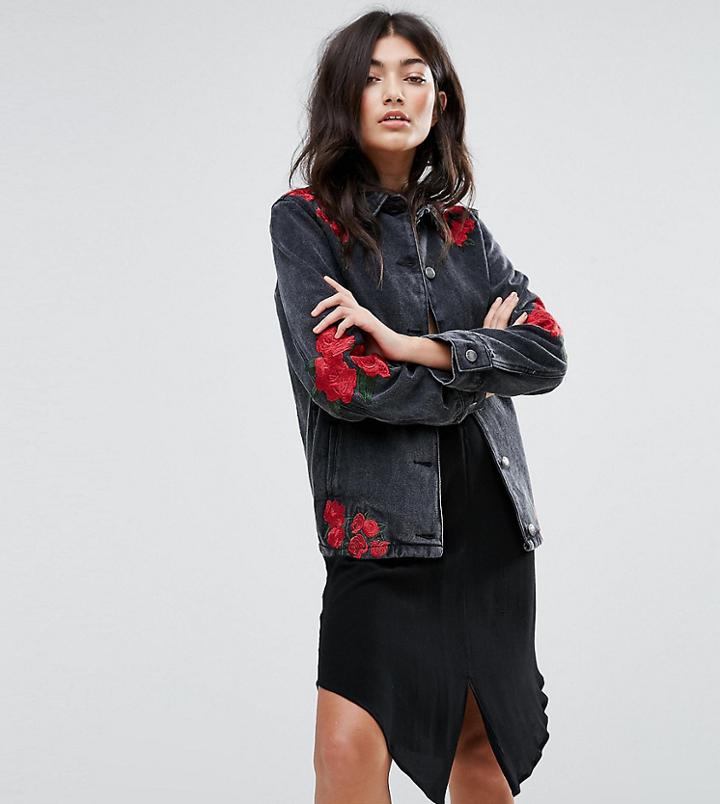Liquor N Poker Denim Coach Jacket With Rose Embroidery - Black