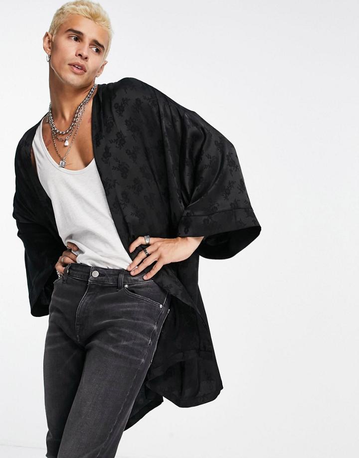 Asos Design Satin Jacquard Kimono In Black