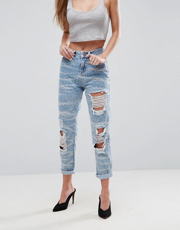 Asos Original Mom Jeans In Leopard Print With Bleach Splatter - Blue