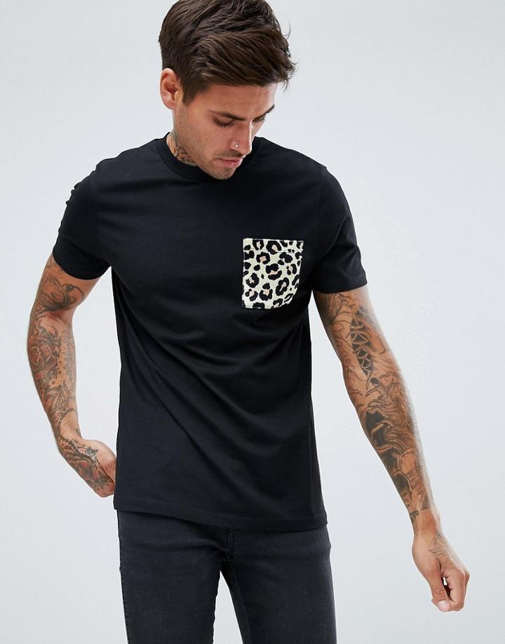 Asos T-shirt With Velour Leopard Print Pocket - Black
