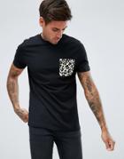 Asos T-shirt With Velour Leopard Print Pocket - Black