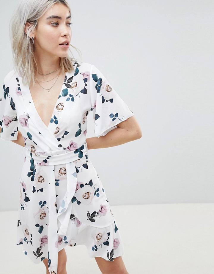 Boohoo Rose Print Tie Waist Ruffle Dress - Multi