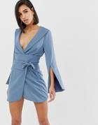 Lavish Alice Obi Belted Mini Dress In Dusty Blue - Blue