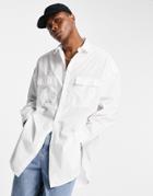 Asos Design Longline Shirt With Double Pockets And Curved Hem In White