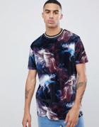 Asos Design Relaxed Longline T-shirt In Historical Scenic Print Velour And Gold Tipping - Purple