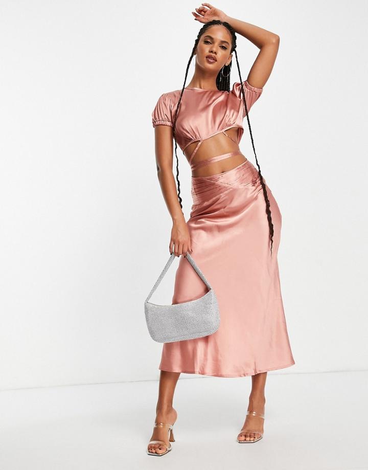 Asos Design Satin Tie Wrap Detail Midi Dress With Ruched Bias Skirt In Dusky Pink