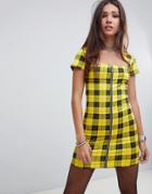 Motel Square Neck Zip Front Dress In Yellow Check