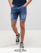 Asos Tall Skinny Denim Shorts In Mid Wash Blue With Rip And Repair - Blue