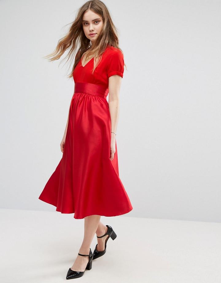 Traffic People Short Sleeve Midi Shirt Dress - Red