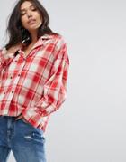 Prettylittlething Check Shirt With Tie Cuff Detail - Red