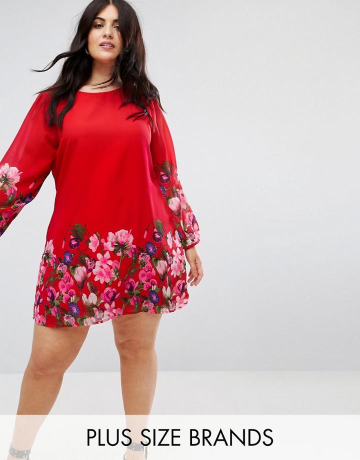 Yumi Plus Long Sleeve Shift Dress In Floral Border Print - Red