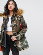 Alpha Industries Camo Polar Parka Jacket With Faux Fur Hood - Green