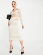 Asos Design Twist Front Textured Midi Dress In Stone-neutral