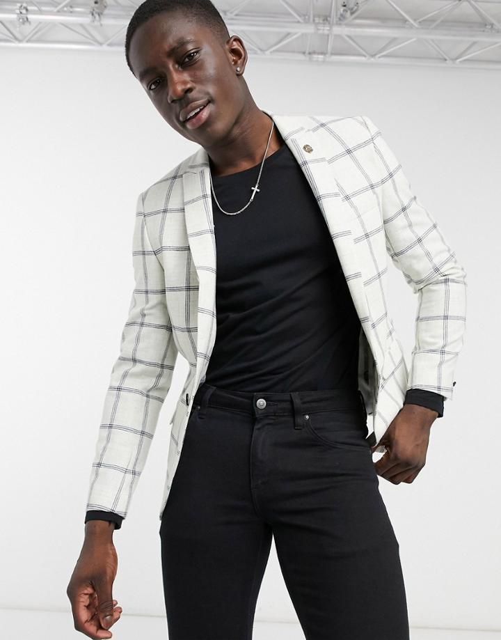 Twisted Tailor Sb1 Peak Jacket In White Windowpane Check