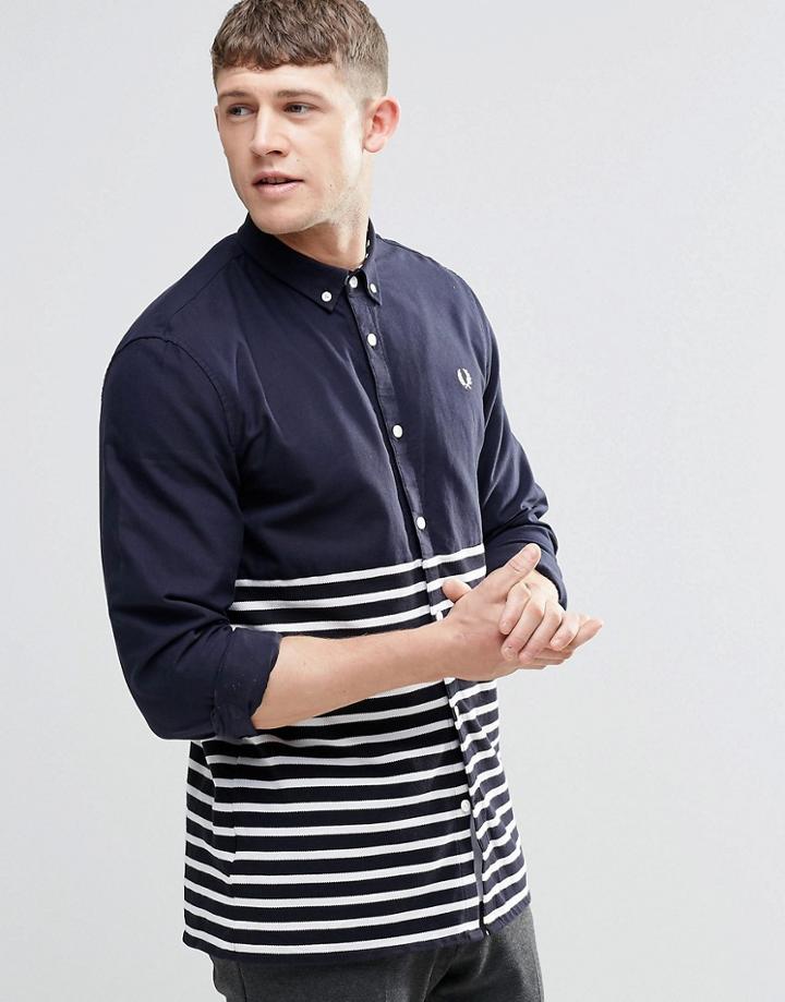 Fred Perry Shirt In Slim Fit With Half Stripe In Navy - Navy