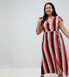 Asos Design Curve Caped Sleeve Jumpsuit With Wrap Front In Multi Stripe - Multi
