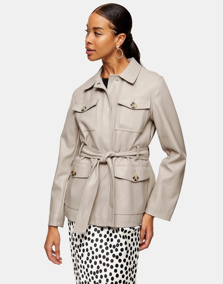 Topshop Tie Waist Faux Leather Jacket In Ecru-white