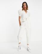 Urban Revivo Belted Puff Sleeve Jumpsuit In Off White