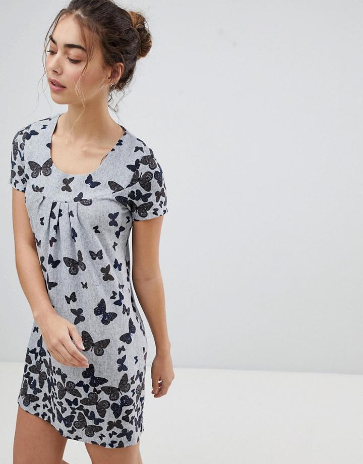 Qed London Butterfly Printed Tunic Dress - Gray