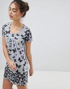 Qed London Butterfly Printed Tunic Dress - Gray