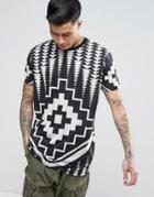 Asos Longline T-shirt With All Over Geo-tribal Print - Black