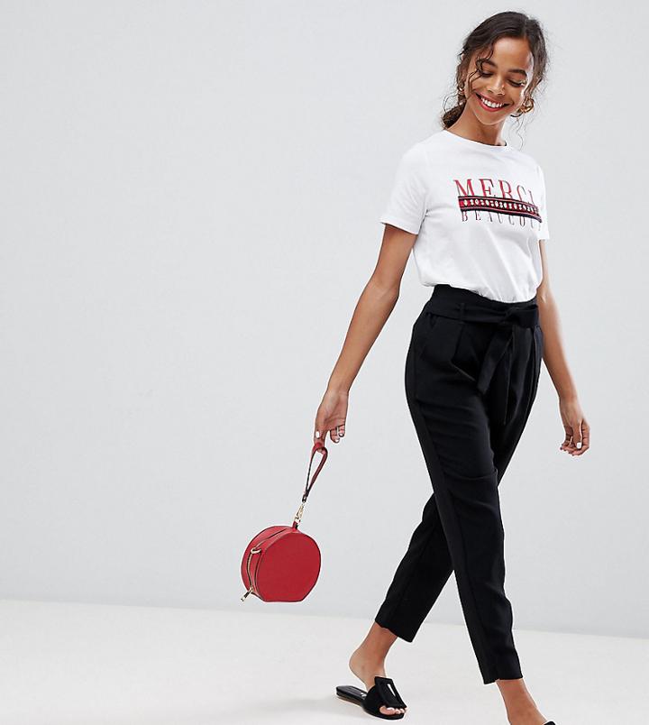 River Island Petite Tapered Pants With Tie Front In Black - Black