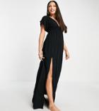 Asos Design Tall Recycled Flutter Sleeve Maxi Beach Dress In Black