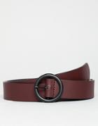 Asos Design Faux Leather Slim Belt In Burgundy With Matte Black Circle Buckle - Red