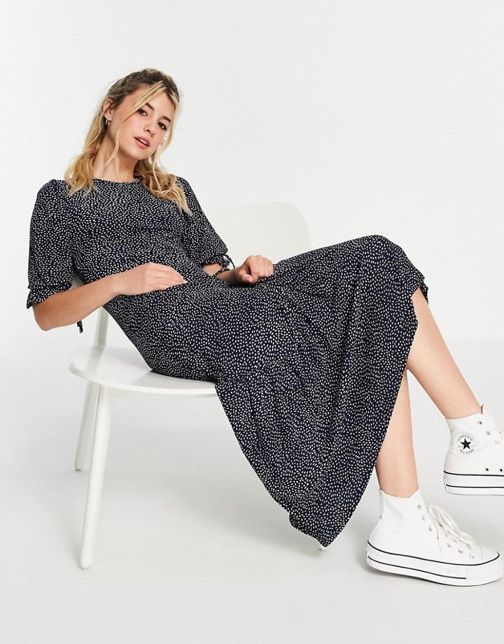 Qed London Tie Sleeve Midaxi Dress In Navy Polka Dot