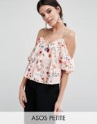 Asos Petite Cold Shoulder Satin Cami In Swan Print - Multi