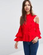 Asos Cold Shoulder Ruffle Blouse With Tie - Red