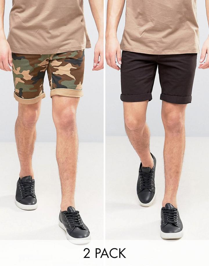 D-struct Turn Up Chino Shorts 2 Pack - Black