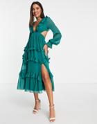 Asos Design Tiered Ruffle Midi Dress With Elastic Waist And Lace Up Back Detail-green