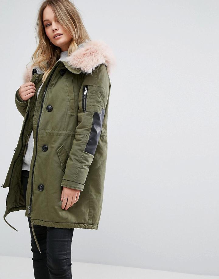 Vero Moda Contrast Faux Fur Parka - Green