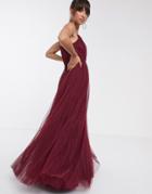 Asos Design Cami Pleated Tulle Maxi Dress In Oxblood-red