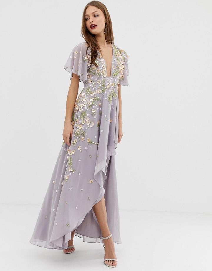 Asos Design Dipped Hem Maxi Dress With 3d Embelishment And Ruffle Sleeve - Purple