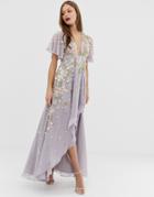 Asos Design Dipped Hem Maxi Dress With 3d Embelishment And Ruffle Sleeve - Purple
