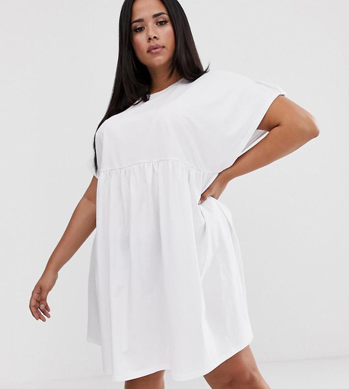 Asos Design Curve Button Sleeve Mini Smock Dress - White