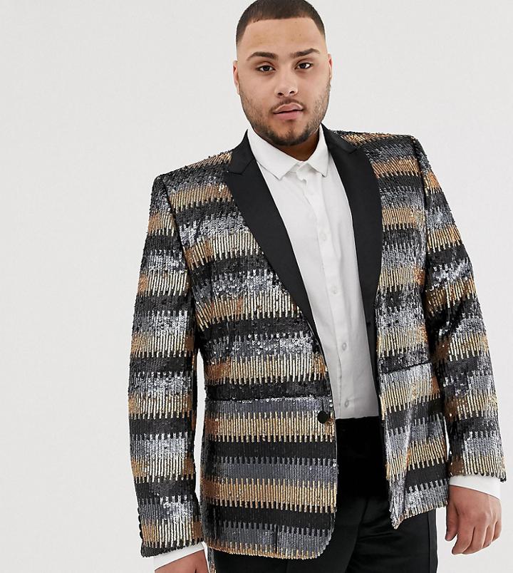 Asos Edition Plus Skinny Suit Jacket In Gray And Gold Sequins