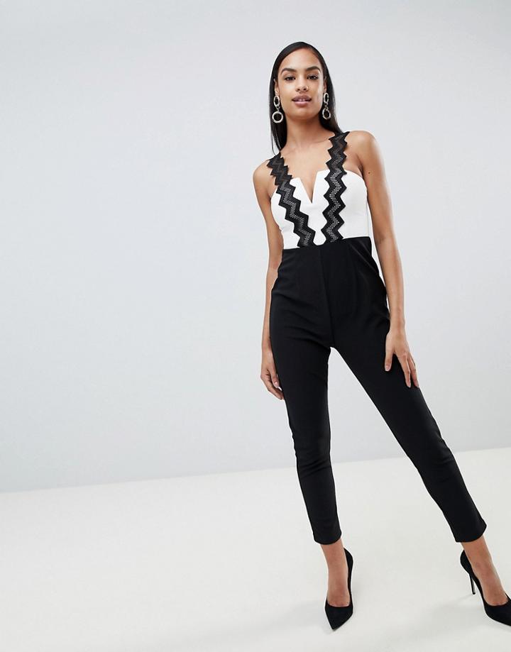 Rare Contrast Zig Zag Trim Jumpsuit - Black