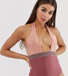 Miss Selfridge Exclusive Halter Neck Swimsuit With Taping In Pink-tan
