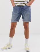 Asos Design Denim Shorts In Slim Mid Wash-blue
