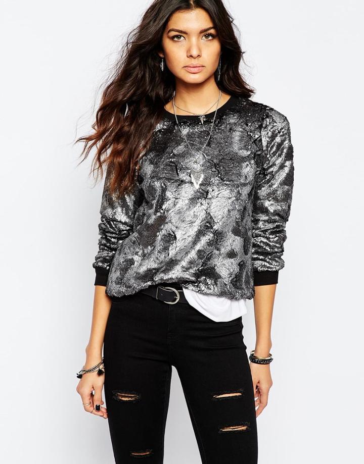 Noisy May Filo Brushed Metallic Sweat - Gray