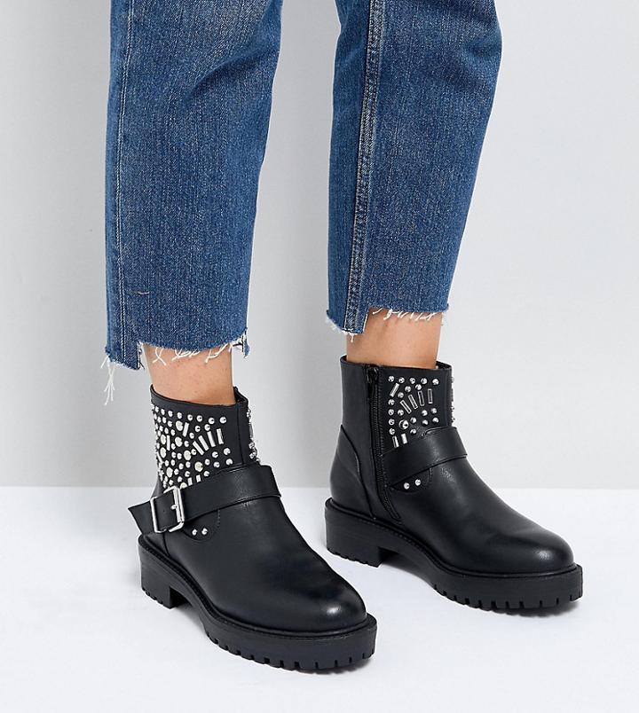 Asos Apt Wide Fit Studded Biker Boots - Black