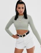 Asos Design Cropped Crew Neck Ribbed Sweater - Green