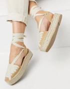 Asos Design Junior Flatform Espadrilles With Ankle Tie In Tan/cream-neutral