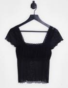 Topshop Mesh Lace Trim Tee In Black