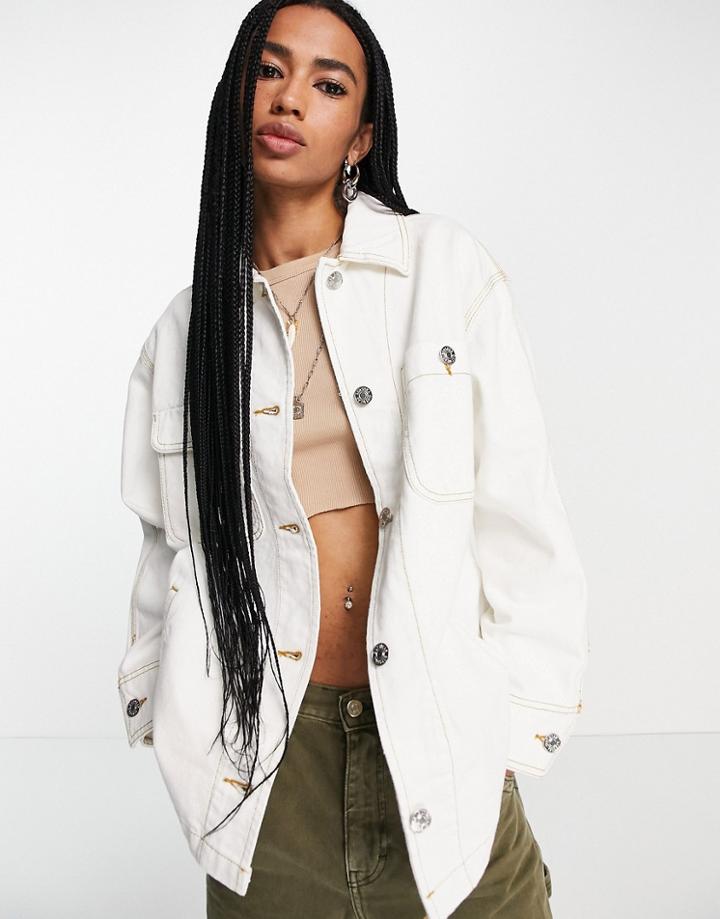 Bershka Contrast Seam Oversized Denim Jacket In Ecru-white