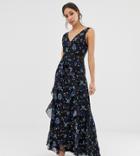 Little Mistress Tall Floral Lace Plunge Front Maxi Dress In Black Multi